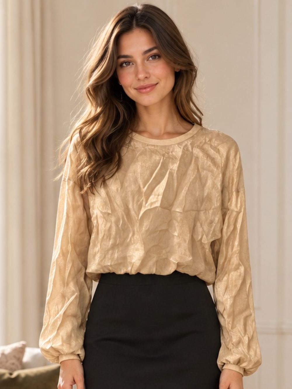 Zara Champagne Satin-Effect Cropped Long Sleeve Top Size L